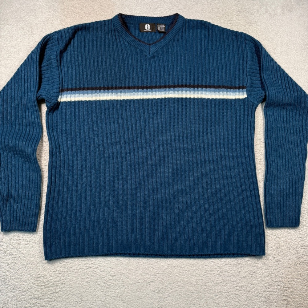 Vintage 90s Arizona Jean Co Sweater XL Blue Striped Ribbed Knit V-Neck Pullover